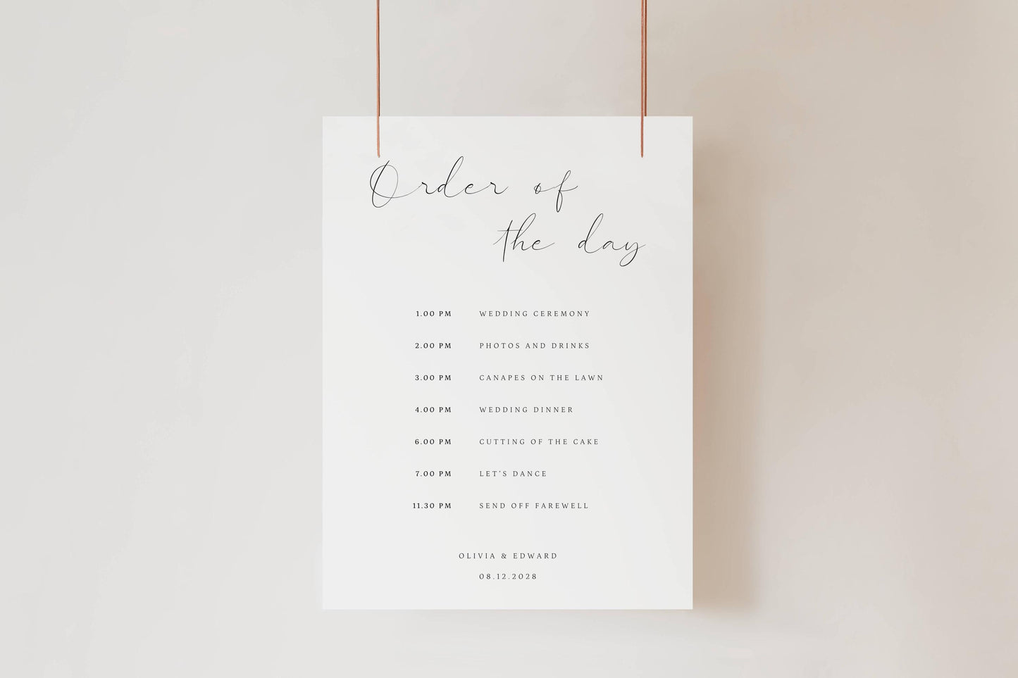 Printed + Delivered Minimalist Order of the Day Sign Printable Template, Custom Wedding Timeline Board, Order of events, CHARLOTTE