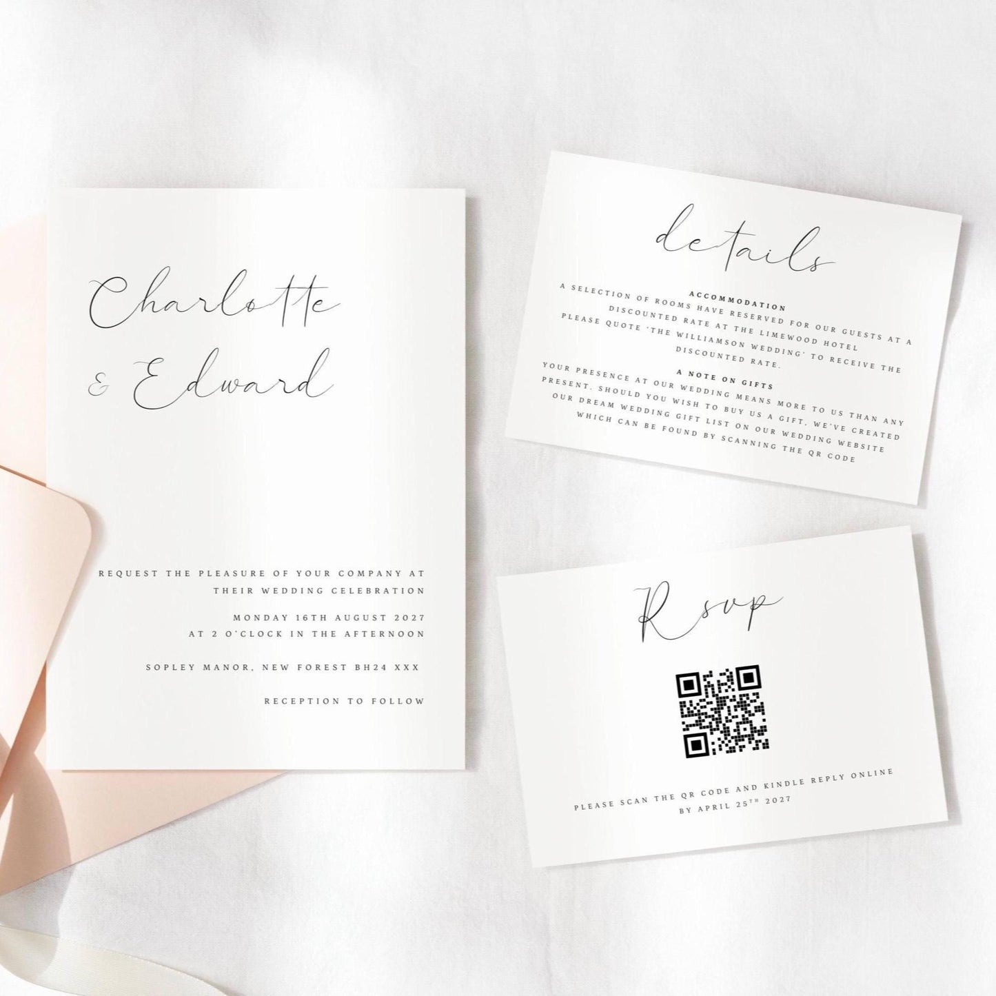 Elegant Wedding Suite Digital Download, QR Code RSVP Wedding Invitation Set Printable, Minimalist Wedding Stationary Downloadable, CHARLOTTE