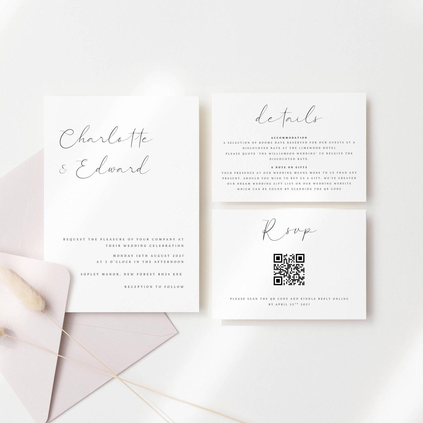 Elegant Wedding Suite Digital Download, QR Code RSVP Wedding Invitation Set Printable, Minimalist Wedding Stationary Downloadable, CHARLOTTE